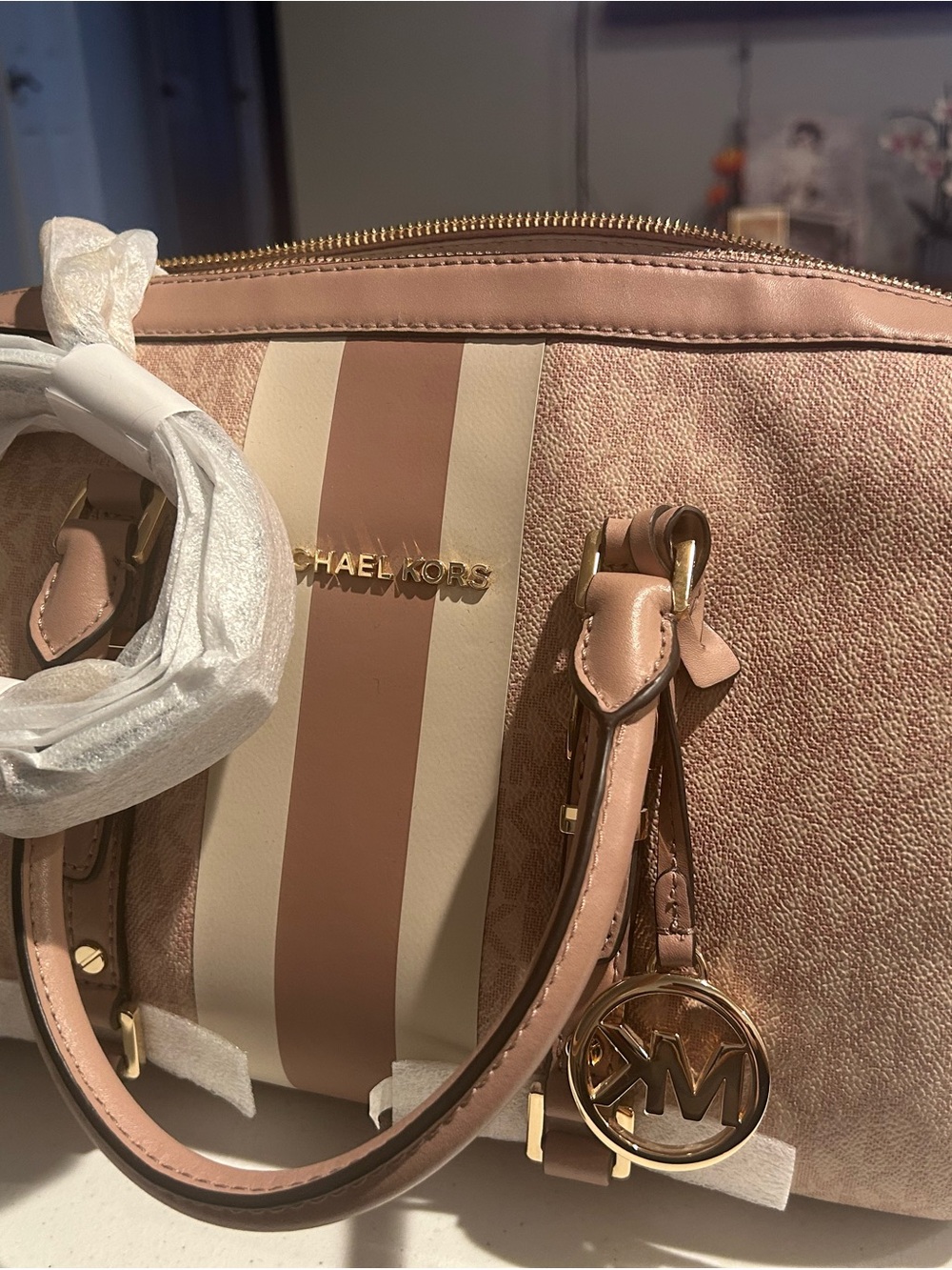 Michael Kors Pink and Cream Striped Satchel/Crossbody